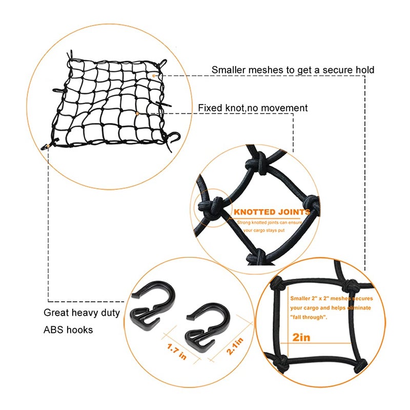 ZMFLL شبكة شحن دراجة نارية ZMFLL سوداء 15"x15" مع 6 خطافات قابلة للتعديل وشبكة مشدودة 2"x2" تمتد حتى 30" x 30" لشبكة خوذة الشحن - Image 4